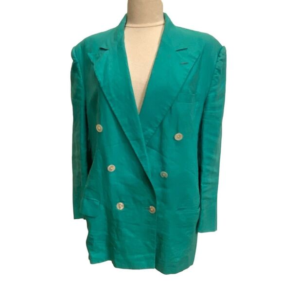 Ralph Lauren Black Label Double Breasted 100% Linen Blazer Lined Turq 12 Vtg 60s - Picture 1 of 8